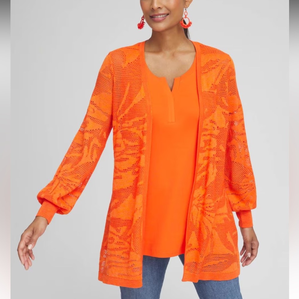 Chico's Orange Pointelle Palms Cardigan Sweater Open Knit Boho Casual XL NWOT - Picture 4 of 17